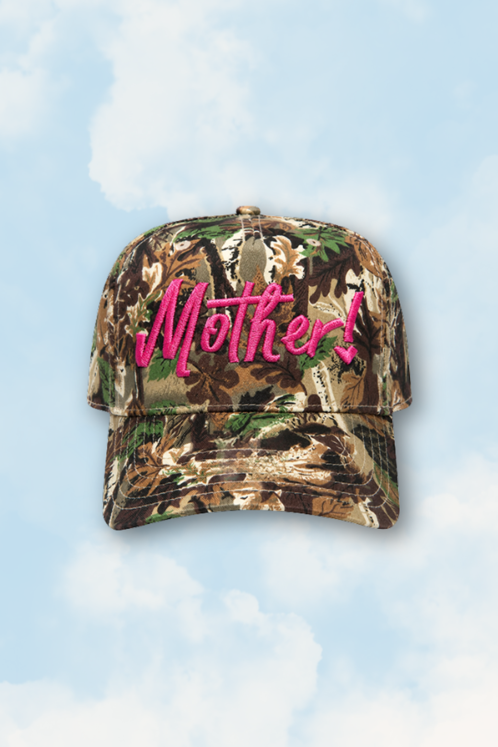 Camouflage baseball cap with pink text 'Mother!' against a blue sky background