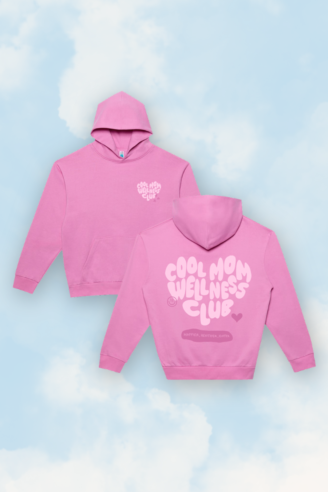 Pink hoodie with text on a blue sky background