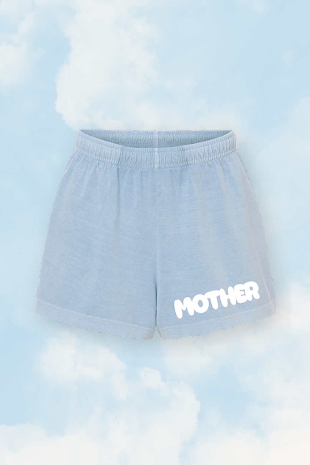 Light blue shorts with 'MOTHER' text on a cloudy sky background