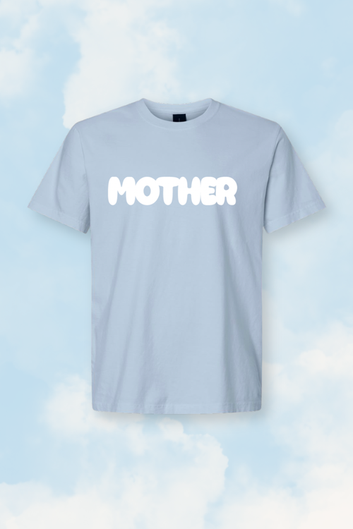 Light blue t-shirt with 'MOTHER' text on a light blue background
