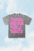 T-shirt with 'Thank God for Girls Nights' text on a blue sky background