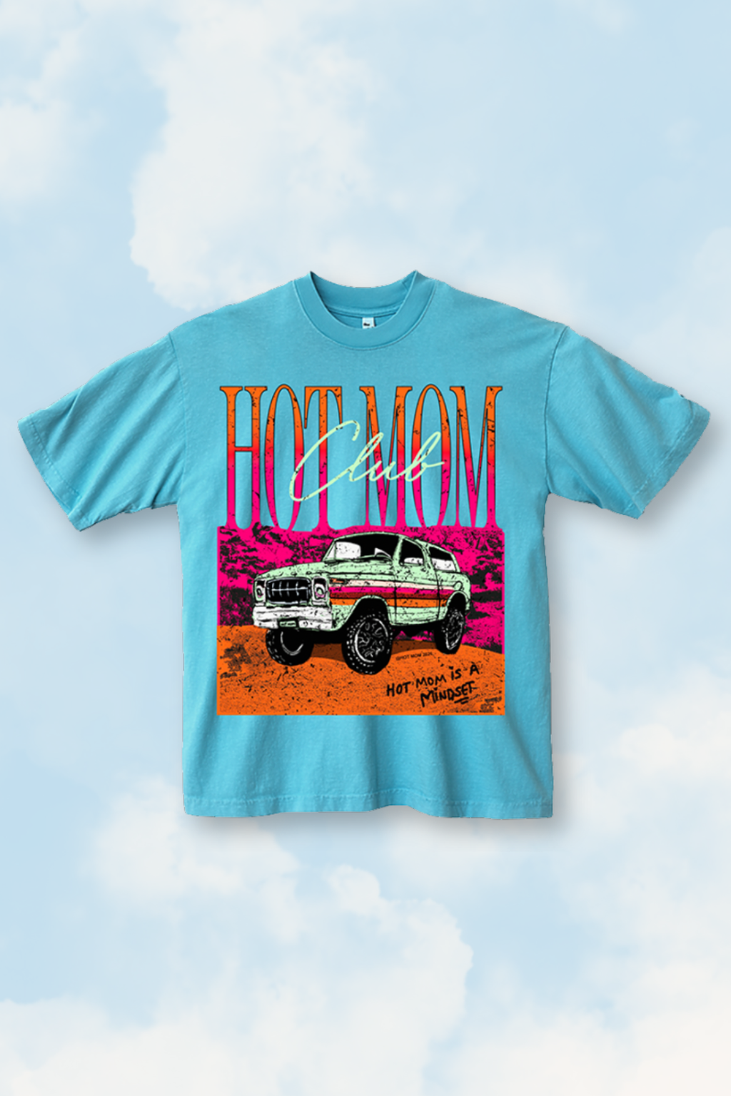 Blue t-shirt with a graphic of a car and 'Hot Mom' text on a blue sky background