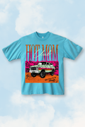 Blue t-shirt with a graphic of a car and 'Hot Mom' text on a blue sky background